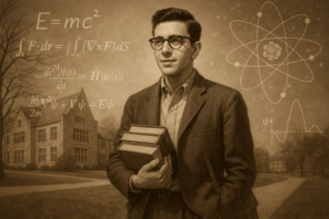 Vintage black-and-white photo of a young physics student studying equations at a university chalkboard