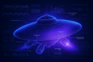 Blueprint of a gravity-propelled spacecraft with labeled metamaterial hull, warp field, and anti-gravity annotations