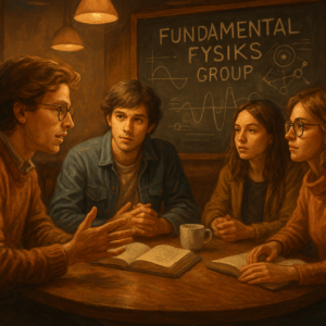 Young thinkers in a cozy café discussing Sarfatti’s theories in front of a chalkboard labeled Fundamental Fysiks Group