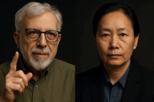 Portrait-style image of Jack Sarfatti and Ning Li side by side; Sarfatti gestures with one finger raised, wearing glasses and a green shirt, while Ning Li faces forward calmly in a black blazer and blue shirt, set against a dark background.