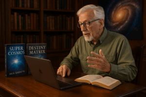 Dr. Jack Sarfatti lecturing online from his study with his books Super Cosmos and Destiny Matrix on the desk