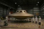 Realistic landscape depiction of Bob Lazar’s alleged “Sport Model” UFO inside an industrial hangar, shown as a reconstructed propulsion test vehicle.
