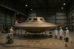 Realistic landscape depiction of Bob Lazar’s alleged “Sport Model” UFO inside an industrial hangar, shown as a reconstructed propulsion test vehicle.