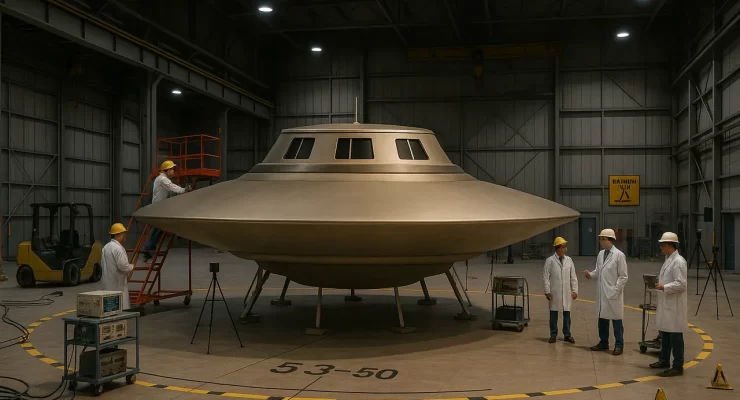 Realistic landscape depiction of Bob Lazar’s alleged “Sport Model” UFO inside an industrial hangar, shown as a reconstructed propulsion test vehicle.