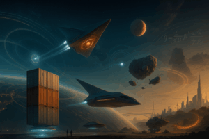 Wide scene of gravity tech—levitating cargo, triangular spacecraft, asteroid mining, and a sustainable city—showing the promise and risks of artificial gravity.