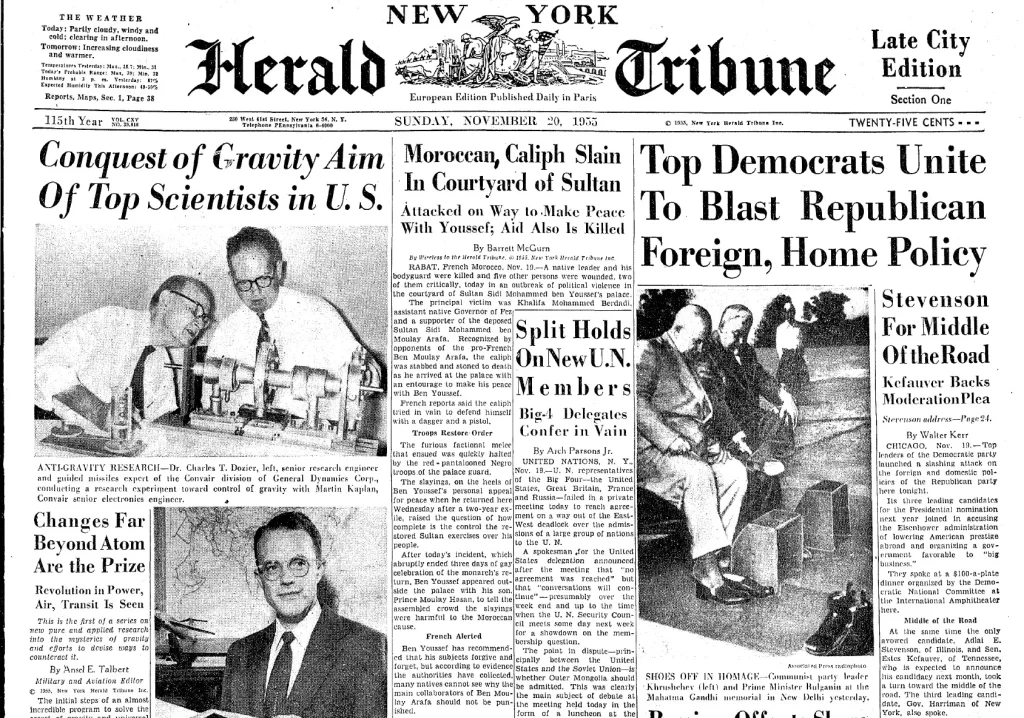 Historic 1955 newspaper front page announcing scientists’ push to conquer gravity for aviation, power, and transport