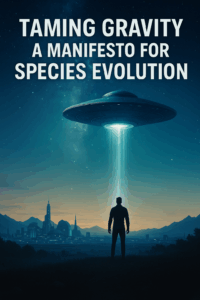 Silhouetted man watches a hovering UFO emit light above a futuristic city under a starry sky