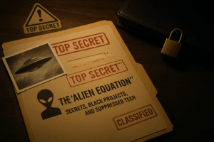 Top-secret government file labeled “The Alien Equation” with a UFO photo, padlock, and classified stamps on a dark wooden desk.
