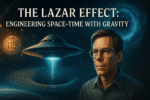 Futuristic depiction of Bob Lazar, a hovering UFO emitting gravity waves, and Element 115 against a cosmic backdrop.