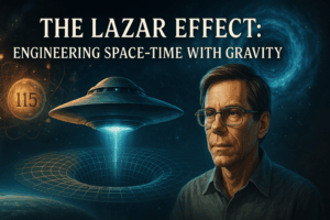 Futuristic depiction of Bob Lazar, a hovering UFO emitting gravity waves, and Element 115 against a cosmic backdrop.