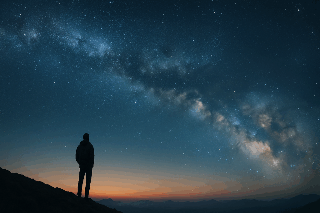 Panoramic view of a solitary figure silhouetted against a sweeping galaxy under a twilight sky, symbolizing humanity’s cosmic journey