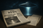A realistic illustration of a UFO hovering in the night sky above scientific documents and an old newspaper with headlines about UFO sightings and gravity research breakthroughs.