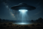 UFO hovering in a starry night sky over a desert landscape, emitting a radiant beam of light onto the ground.