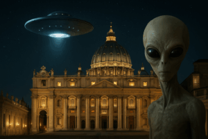 Alien figure and UFO hovering over St. Peter’s Basilica, symbolizing the Vatican's evolving stance on extraterrestrial life.
